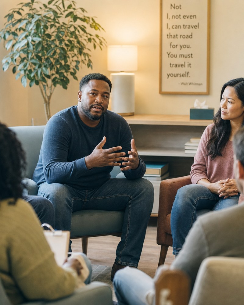 A diverse group therapy session in a welcoming community room at 2 All Is Well CDC